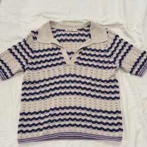 Marine Layer Crochet V-Neck Polo Sweater in Oatmeal with Lavender/Navy Stripes